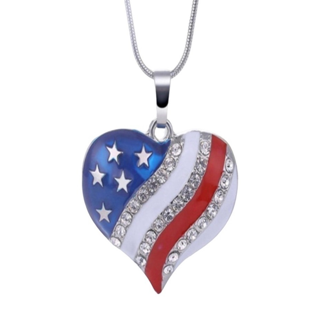 Patriotic Red White & Blue Classic Rhinestone Embellished Heart Shape Necklace